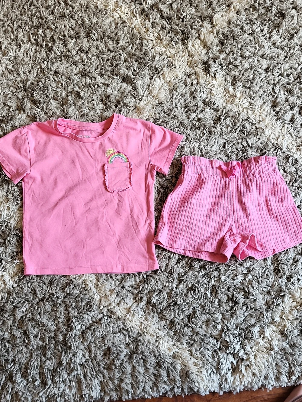 Girls' Pink Rainbow Pocket  Short Sleeve Top & Ribbed Shorts